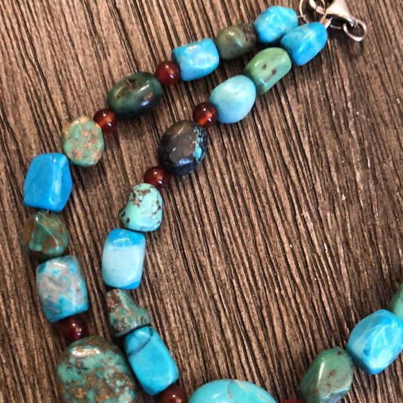 Turquoise Stone Necklace Sterling Clasp 18.5" - Picture 3 of 13